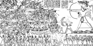 Raffigurazione-della-Battaglia-di-Ramses-III-contro-i-Popoli-del-Mare-sulle-pareti-del-tempio-di-Medinet-Habu-1-1030x510