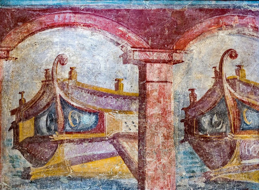 Questa immagine ha l'attributo alt vuoto; il nome del file è STORIA-NAVALE-ROMANA-affresco_war_ships_behind_arcades_-_Pompeii_VI_17_9-11_-Museo-archeologico-di-Napoli_MAN_8603-1024x750.jpg
