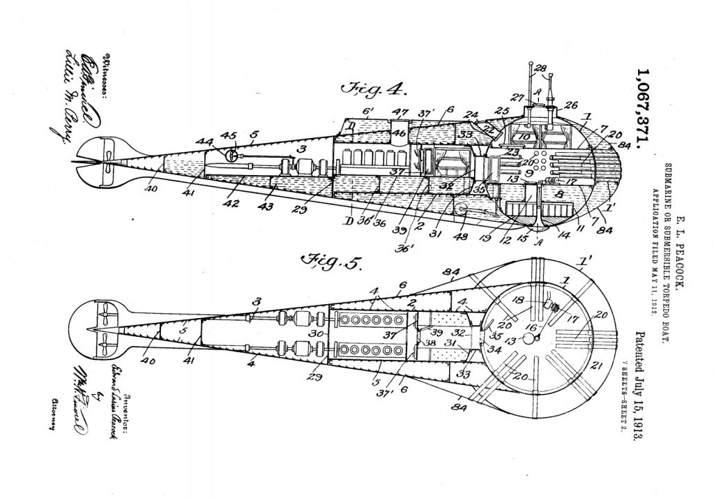 Questa immagine ha l'attributo alt vuoto; il nome del file è edward-lasius-peacock-lake-submarine-co-patent-enterprise-us1067371-a-1024x714.jpg