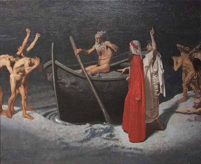 Questa immagine ha l'attributo alt vuoto; il nome del file è LETTERATURA-DANTE-ALIGHIERI-Dante_e_Virgilio_dinnanzi_la_barca_di_Caronte_-_Paolo_Vetri.jpg