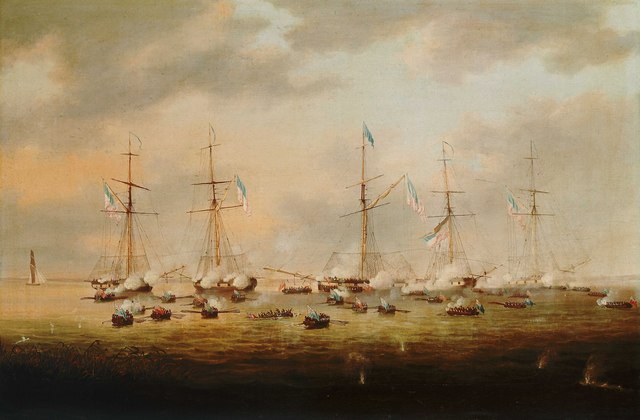 Questa immagine ha l'attributo alt vuoto; il nome del file è STORIA-NAVALE-US-lossy-page1-640px-British_and_American_Gunboats_in_Action_on_Lake_Borgne_14_December_1814_RMG_BHC0612.jpg