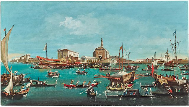 Questa immagine ha l'attributo alt vuoto; il nome del file è VENEZIA-BUCINTORO-640px-Guglielmo_Da_Re_-_The_Bucintoro_with_the_church_of_San_Nicolo_al_Lido_Venice.jpg