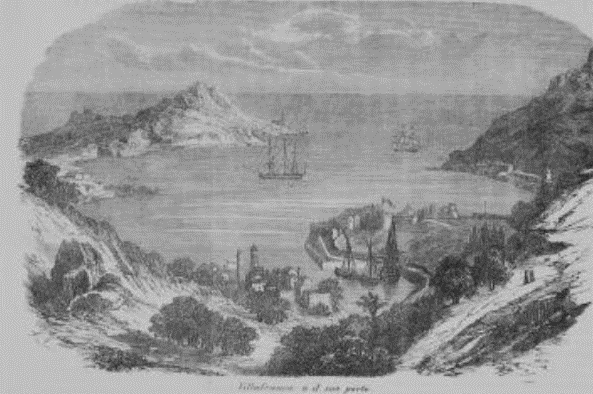 Questa immagine ha l'attributo alt vuoto; il nome del file è La-rada-di-Villafranca.-Sullo-sfondo-a-destra-una-sommaria-veduta-del-lazzaretto.png
