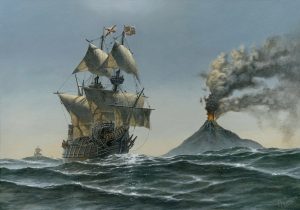 galeon-san-geronimo-el-7-de-septiembre-1595-alvaro-mendana-pasan-junto-al-volcan-tinakula-que-estaba-en-plena-erupcion-en-el-archipielago-de-santa-cruz-al-sureste-de-las-salom