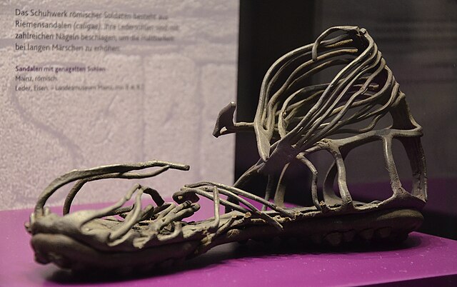 Questa immagine ha l'attributo alt vuoto; il nome del file è Caliga_Roman_soldiers_sandal_from_the_1st_Century_AD_Landesmuseum_Mainz_11408265805.jpg