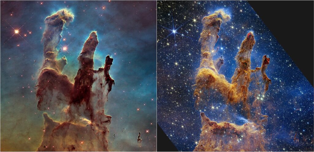 Questa immagine ha l'attributo alt vuoto; il nome del file è NASA-Hubble_and_Webb_Showcase_the_Pillars_of_Creation_Side_by_Side_weic2216d-1024x495.jpeg