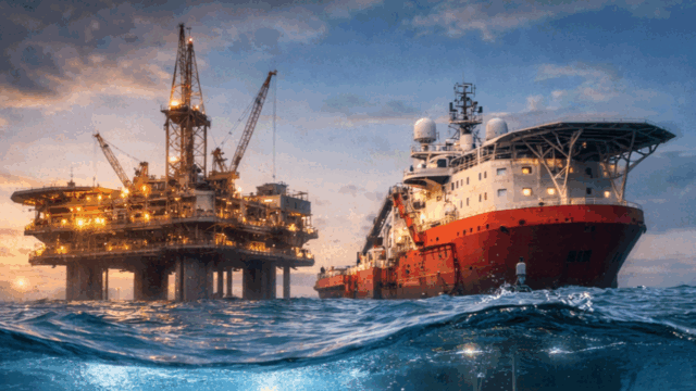 Struttura petrolifera oil-rig e un DP Vvssel di supporto alle operazioni subacquee.
