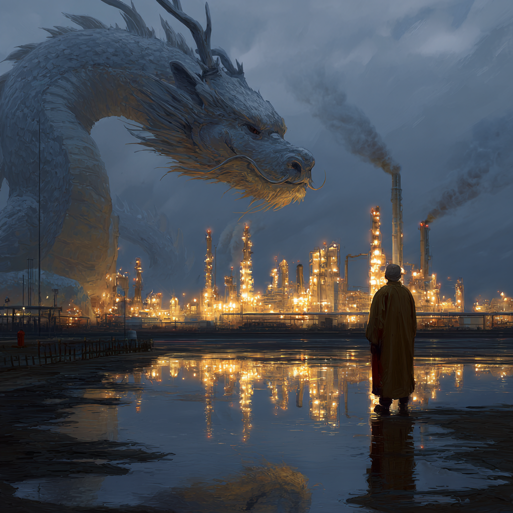 guido05148_29273_chinese_dragon_looking_at_a_oil_rafinery_--v_6fd2e133-59d3-4376-a094-471bd4f10cf4_2